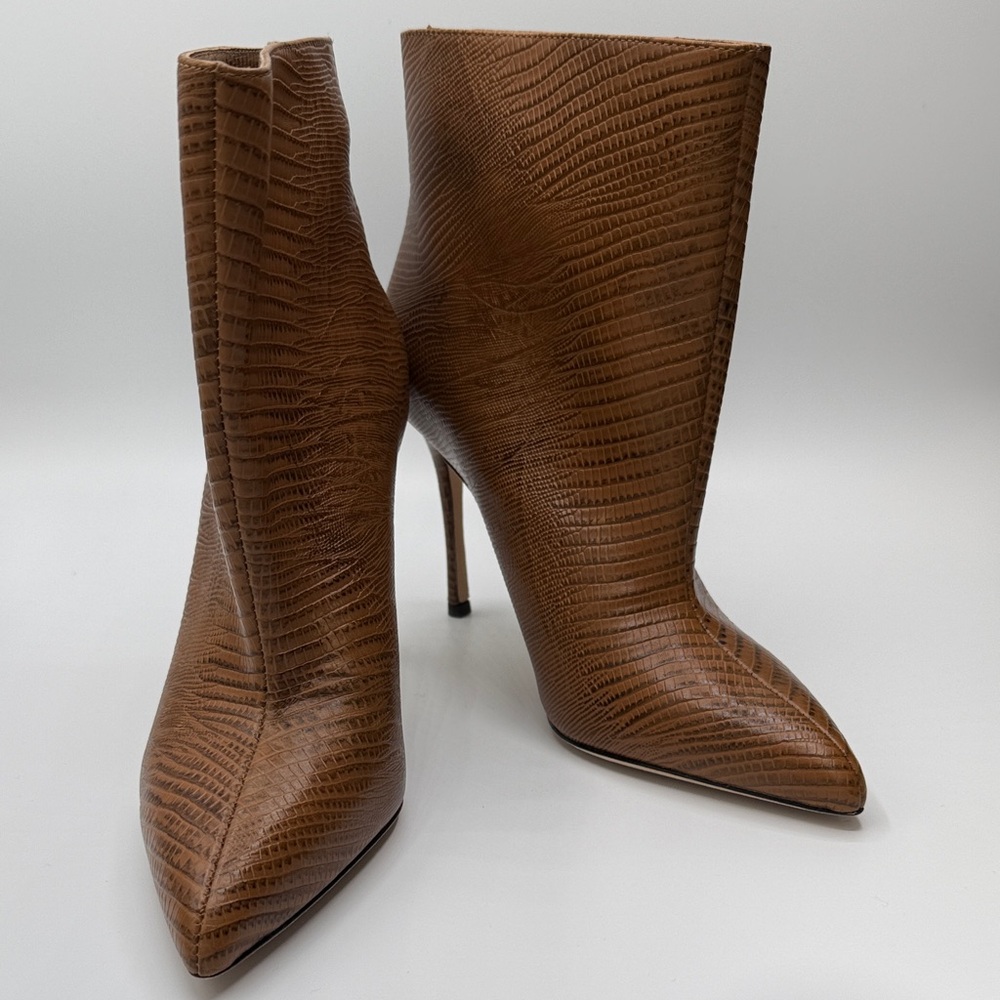 L'AGENCE Mariette Brown Lizard-Embossed Pointed-Toe Stiletto Ankle Boots 36.5